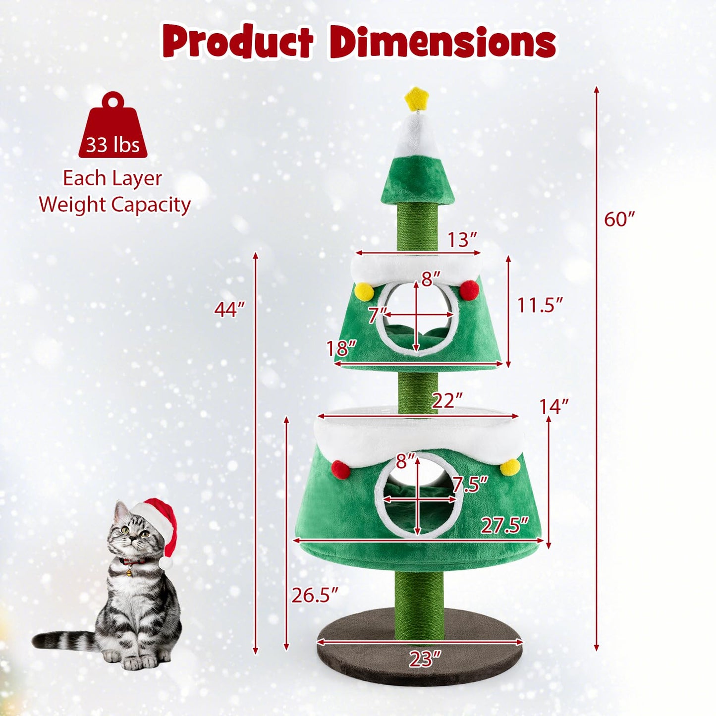 Tangkula Arbre à chat de Noël pour chats d'intérieur, mignonne tour à chat de vacances avec 2 niches