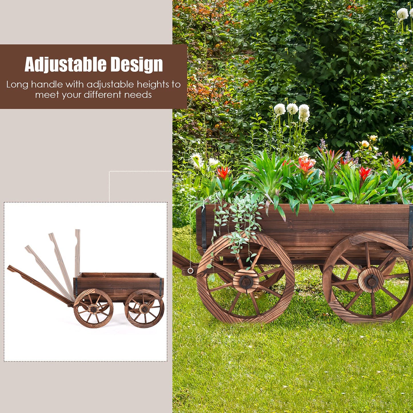 Tangkula Rustic Wooden Wagon Planter Box for Patio Garden Balcony (29.5" L x 17" W x 21" H)