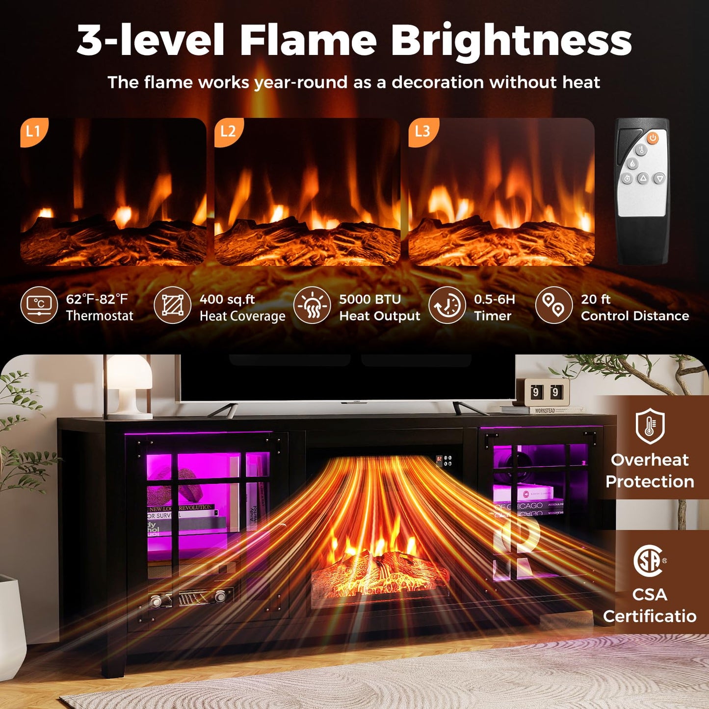 Tangkula 58" LED Fireplace TV Stand for TVs up to 65"