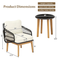 Tangkula 3 Piece Patio Chair Set, Wicker Chair & Side Table Set with Soft Cushions & Tempered Glass Tabletop