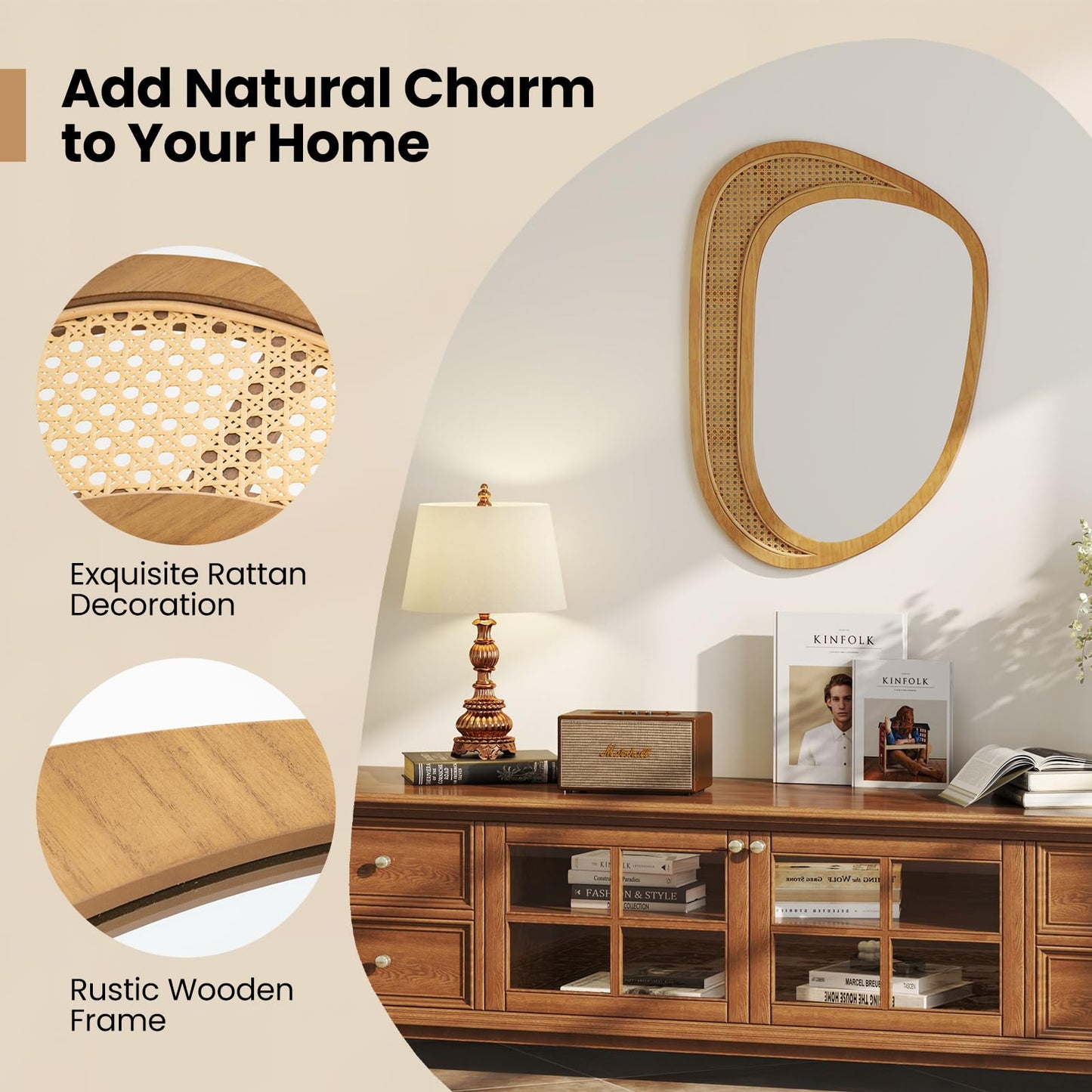 Miroir mural en rotin Tangkula (90 cm L x 64 cm l)