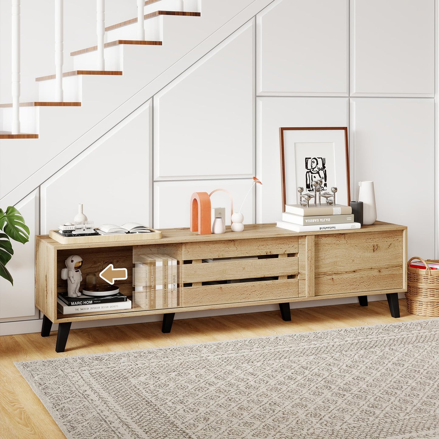 Tangkula Mid Century Modern TV Stand with Sliding Doors for 65” TVs