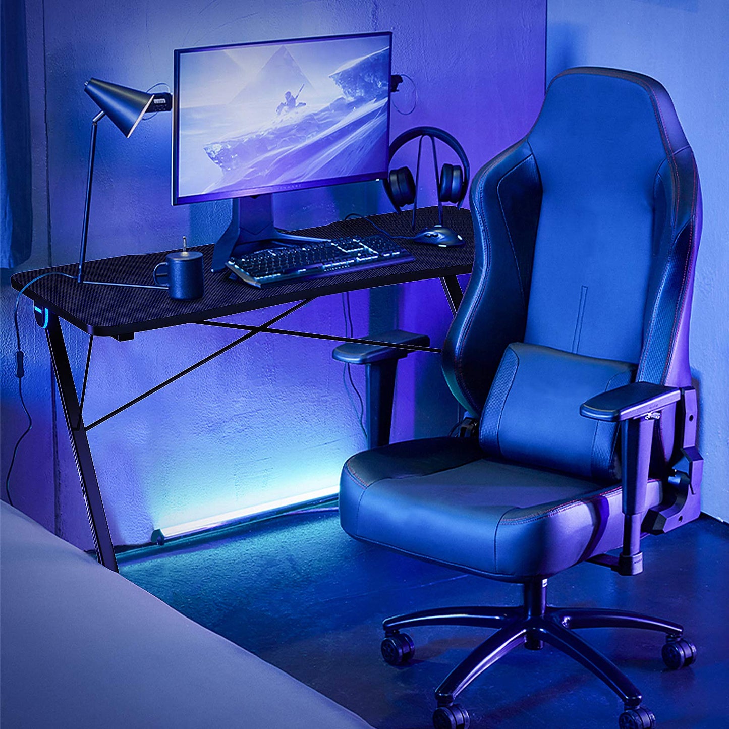 Tangkula Gaming Desk with LED Lights & Large Carbon Fiber Surface