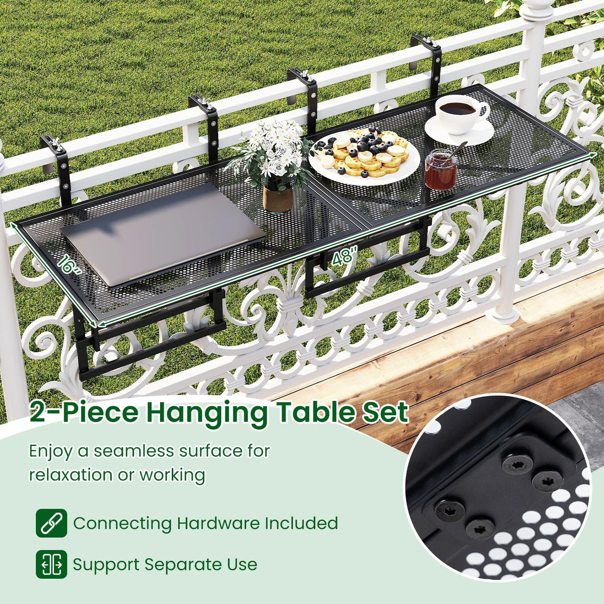 Tangkula Table de balcon pliable 122 cm pour rambardes de 3,8 cm à 8,9 cm d'épaisseur
