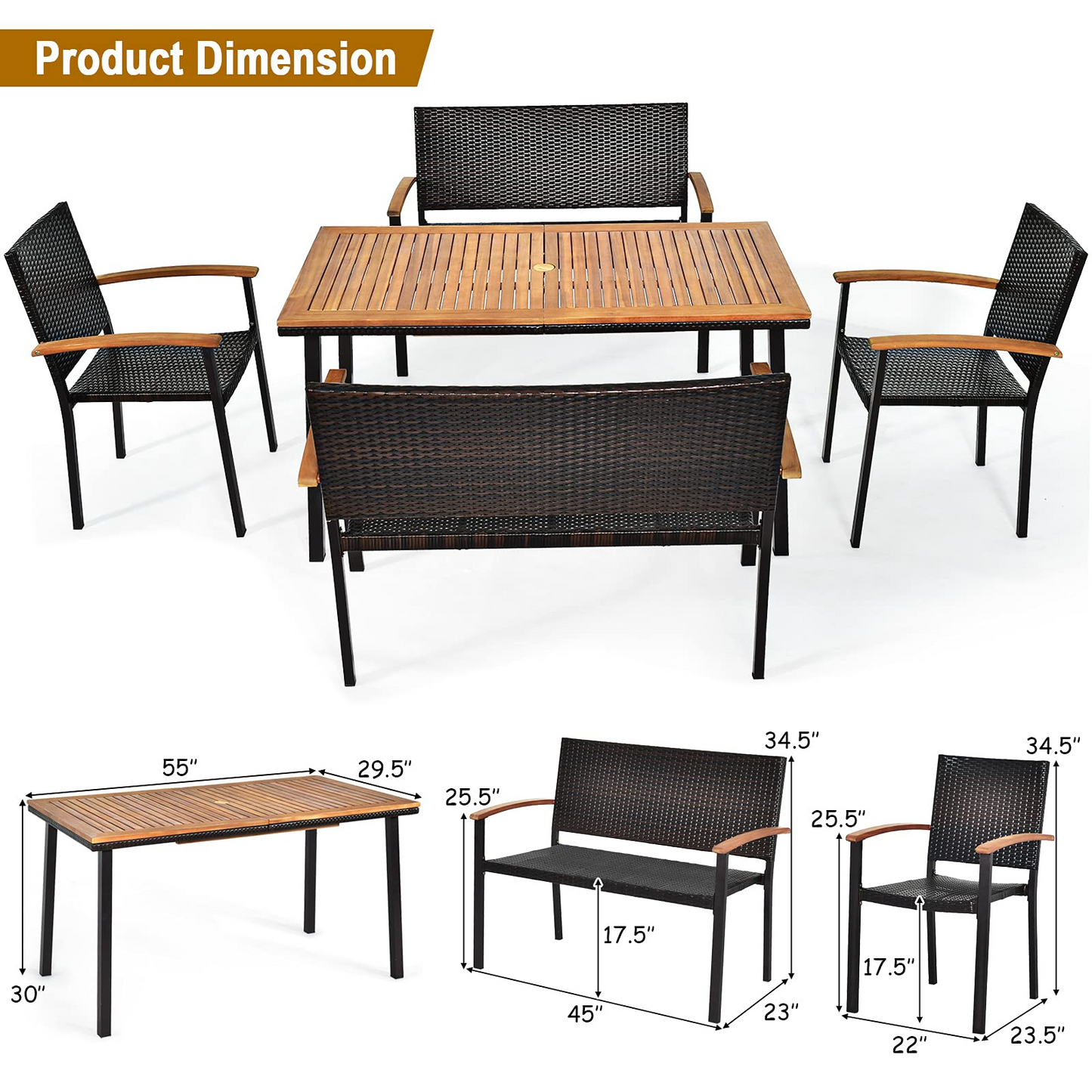 Tangkula 5 Pieces Patio Dining Set, Modern Conversation Set w/Solid Wood Table & Umbrella Hole for Backyard Garden Porch