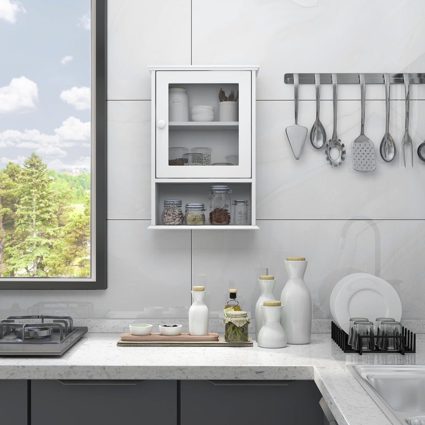 Tangkula Bathroom Cabinet With Door and Open Shelf