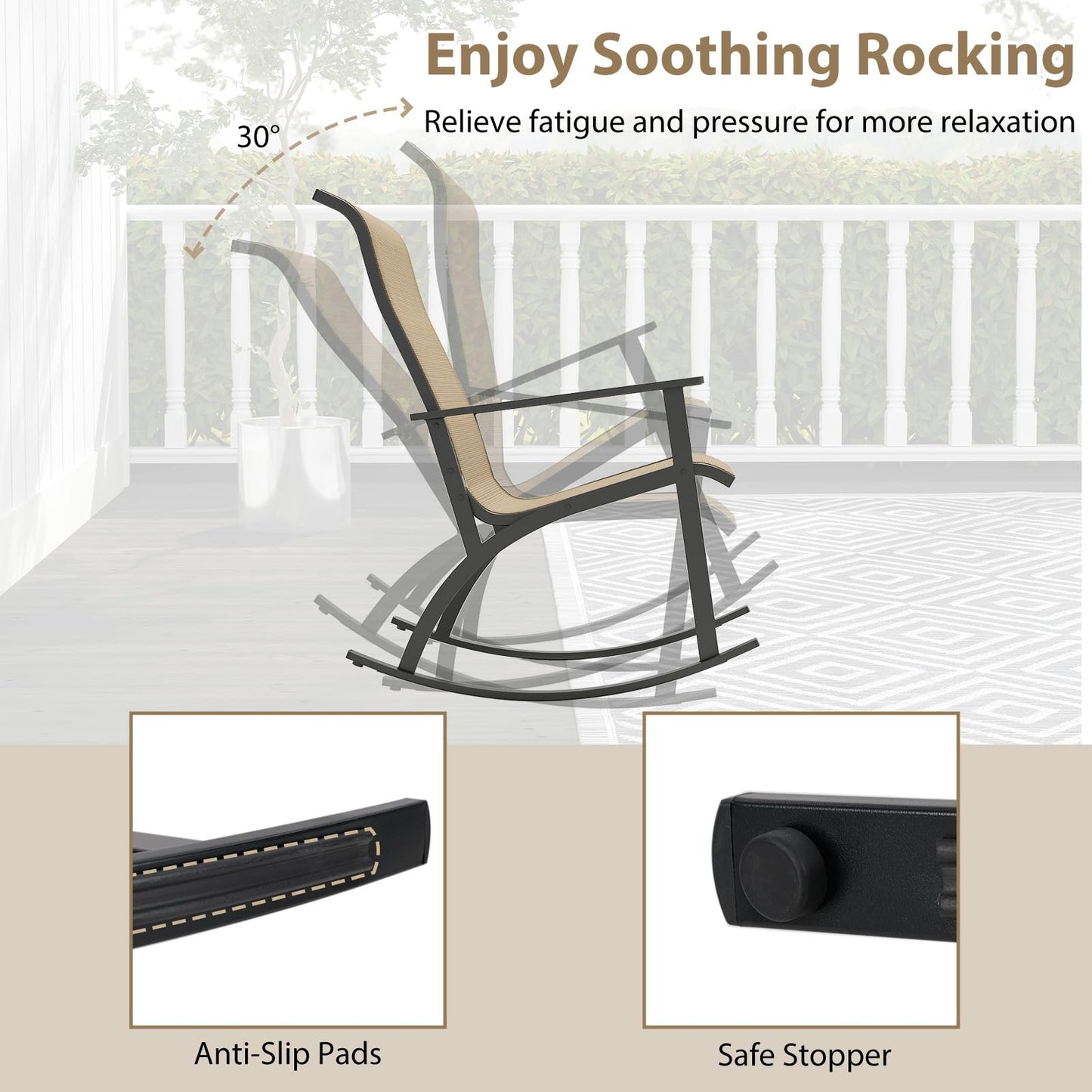 Tangkula 3 Piece Patio Rocker Set w/High Backrest & Wood-Plastic Tabletop