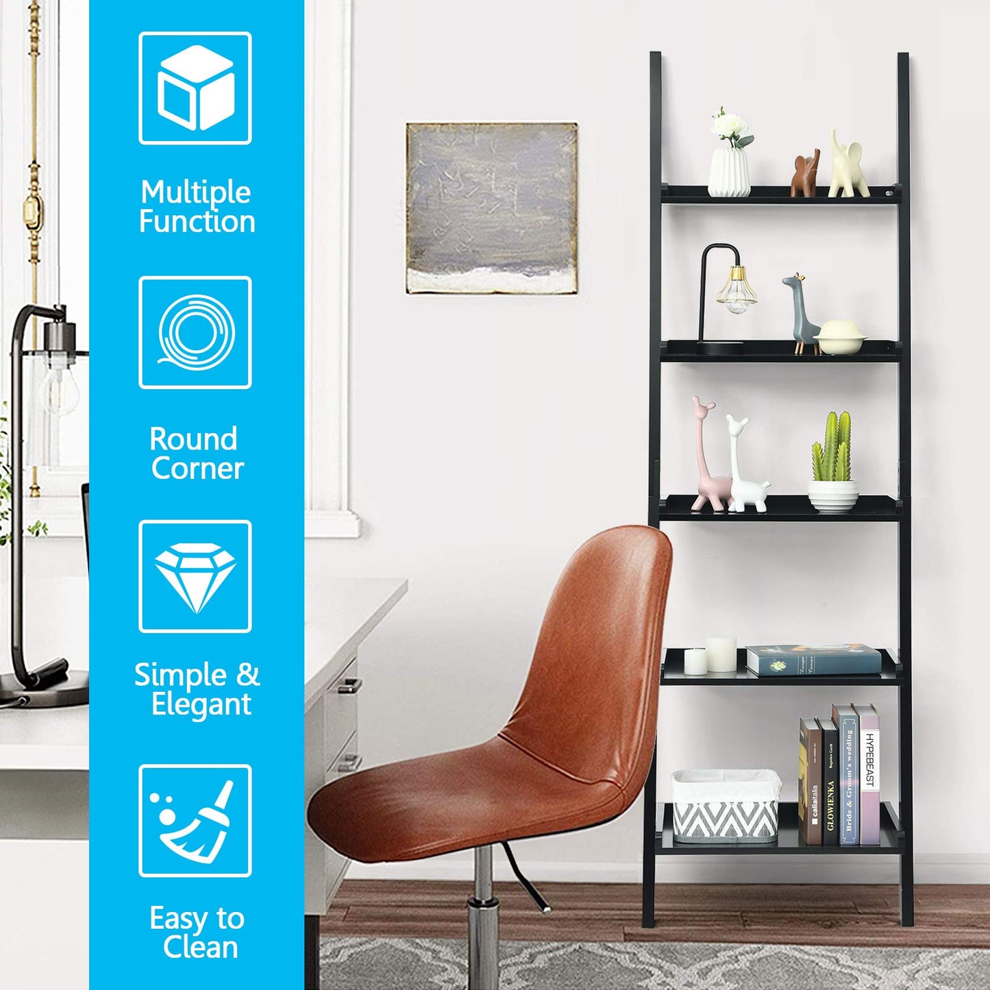 5-Tier Ladder Shelf, Wall-Leaning Bookshelf w/ Open Shelves, Plant Flower Stand