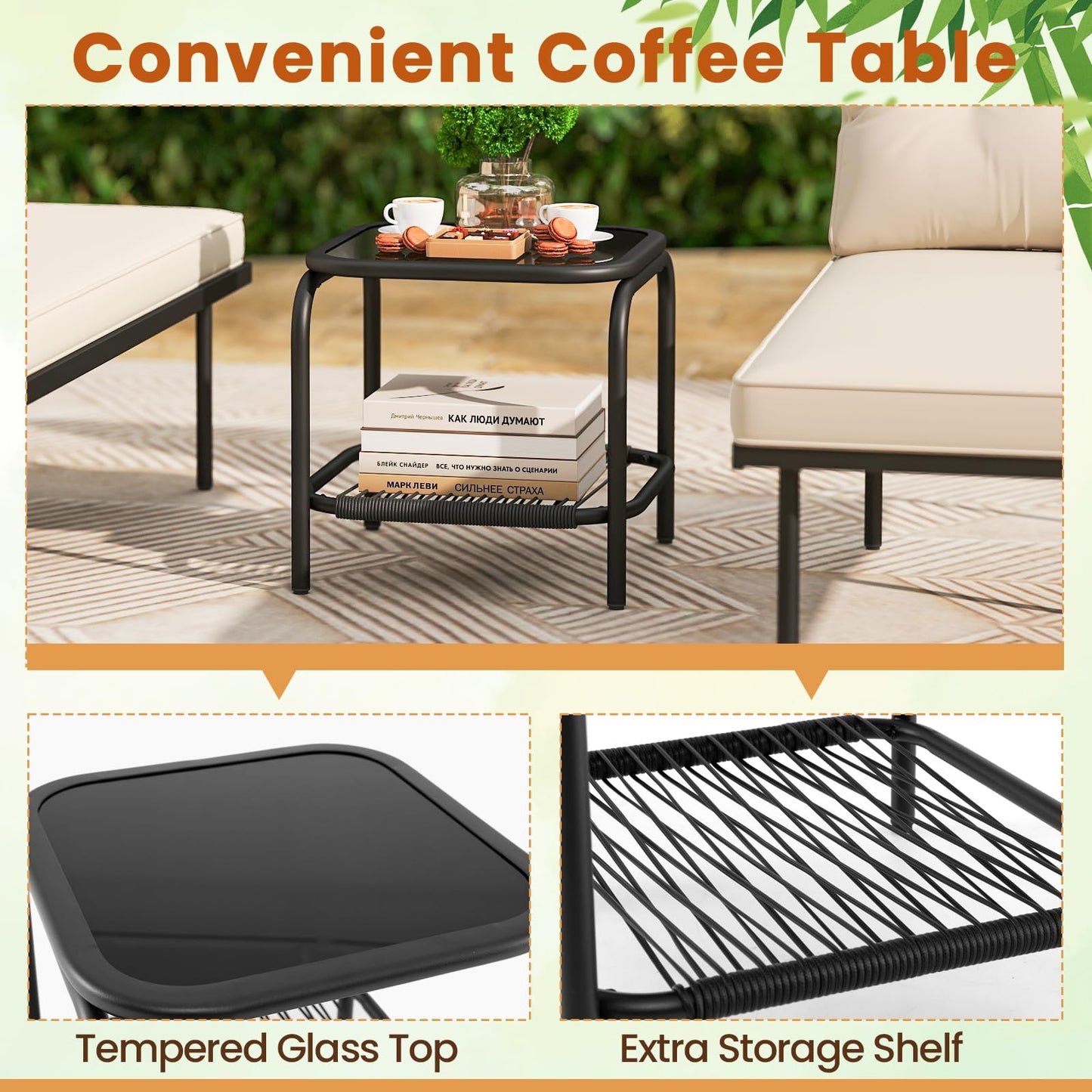 Ensemble de mobilier de patio Tangkula 3 pièces en forme de L avec table en verre trempé