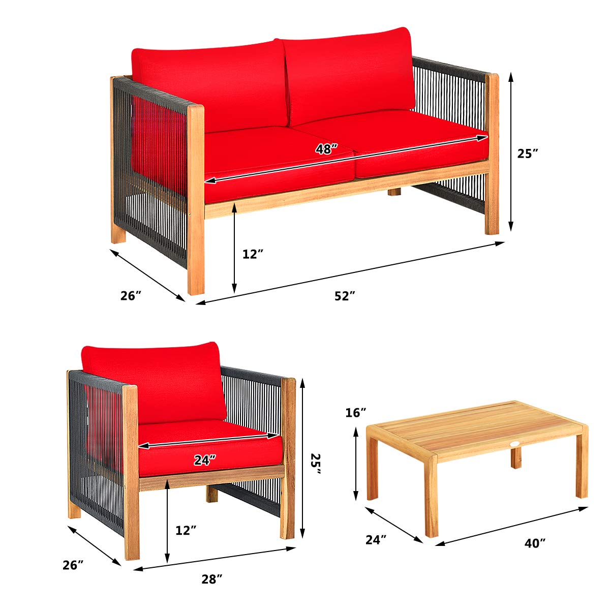 Outdoor Wood Furniture Set, Acacia Wood Frame Loveseat Sofa, 2 Single Chairs and Coffee Table