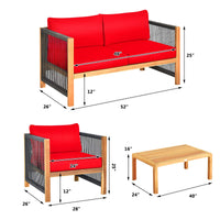 Outdoor Wood Furniture Set, Acacia Wood Frame Loveseat Sofa, 2 Single Chairs and Coffee Table