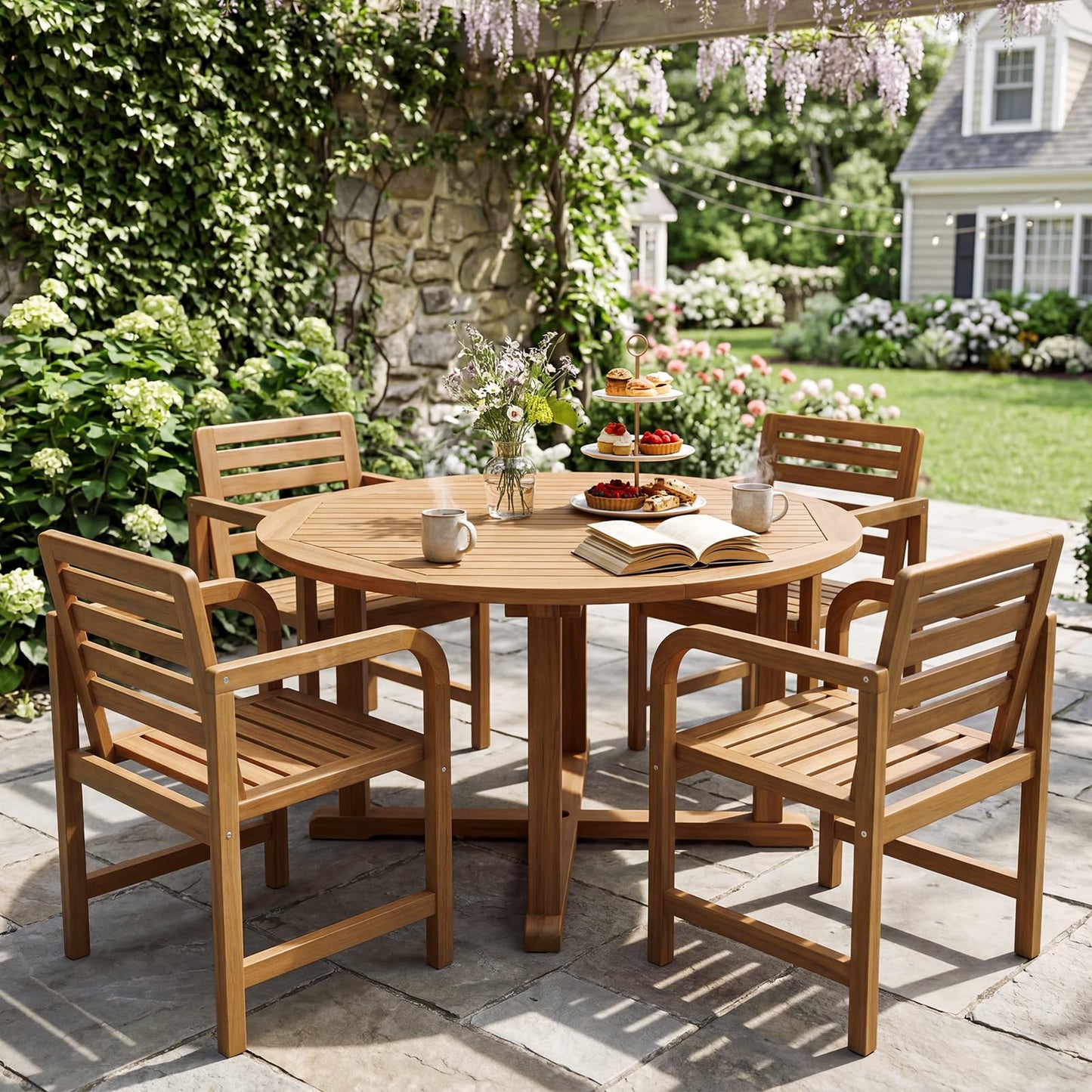 Tangkula Solid Teak Outdoor Dining Chair with Slanted Back & Slatted Seat
