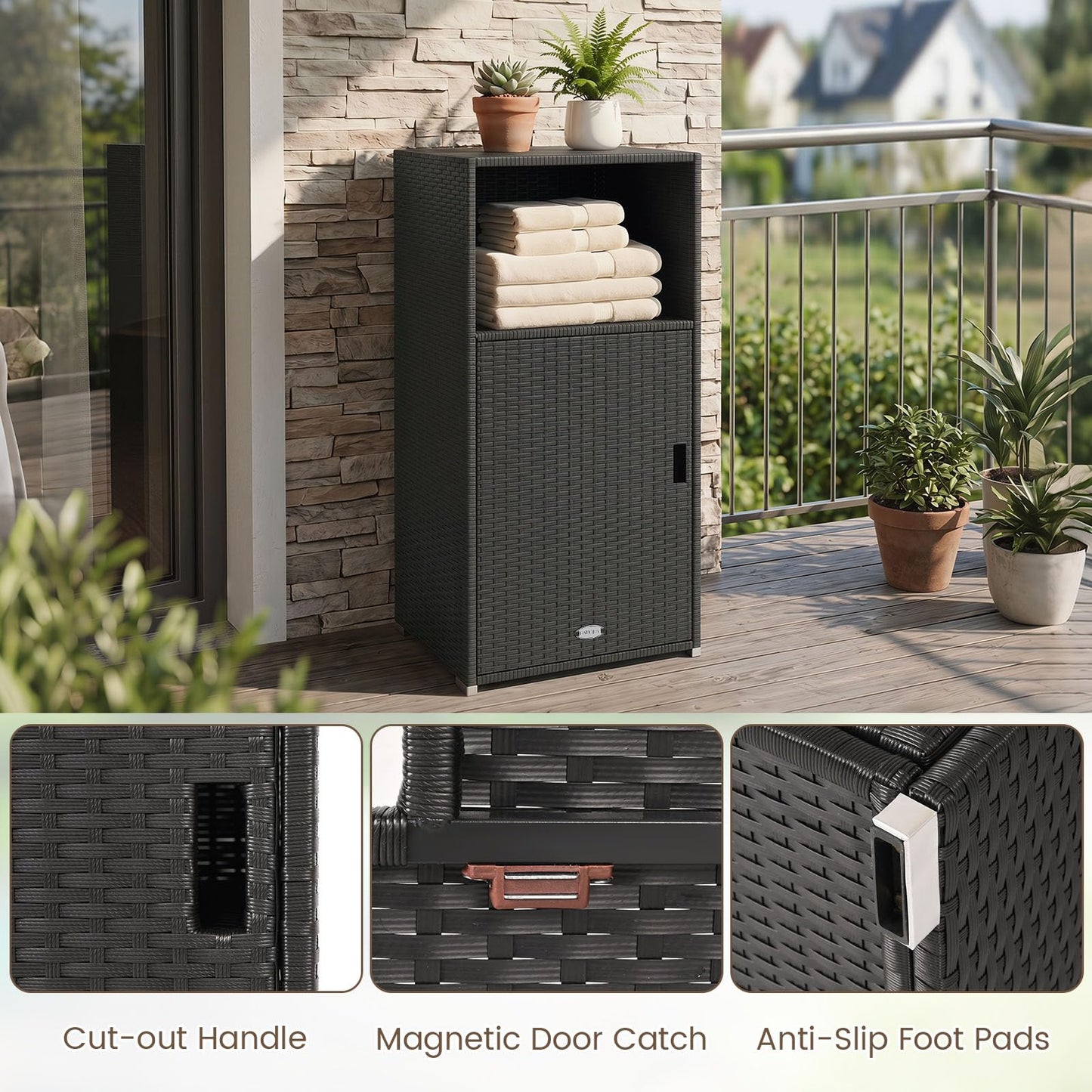 Tangkula Rattan Outdoor Storage Cabinet with 3 Storage Shelves