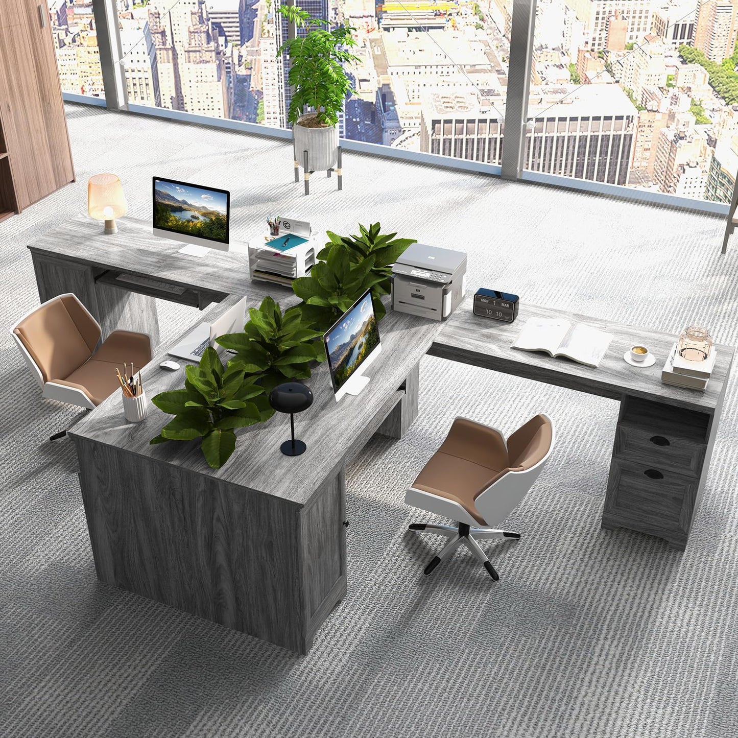 Tangkula L Shaped Desk with Drawers and Storage Shelf