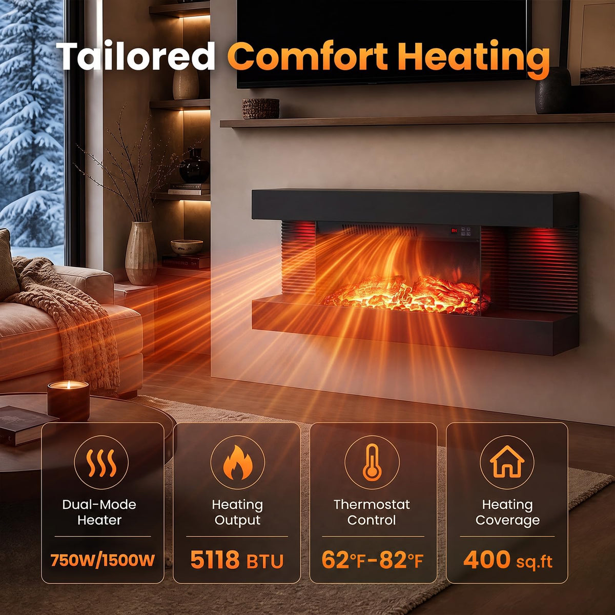Tangkula 18"/26"/36"/46" 3-Sided WiFi Electric Fireplace with 32"/40"/50"/60" Floating Mantel