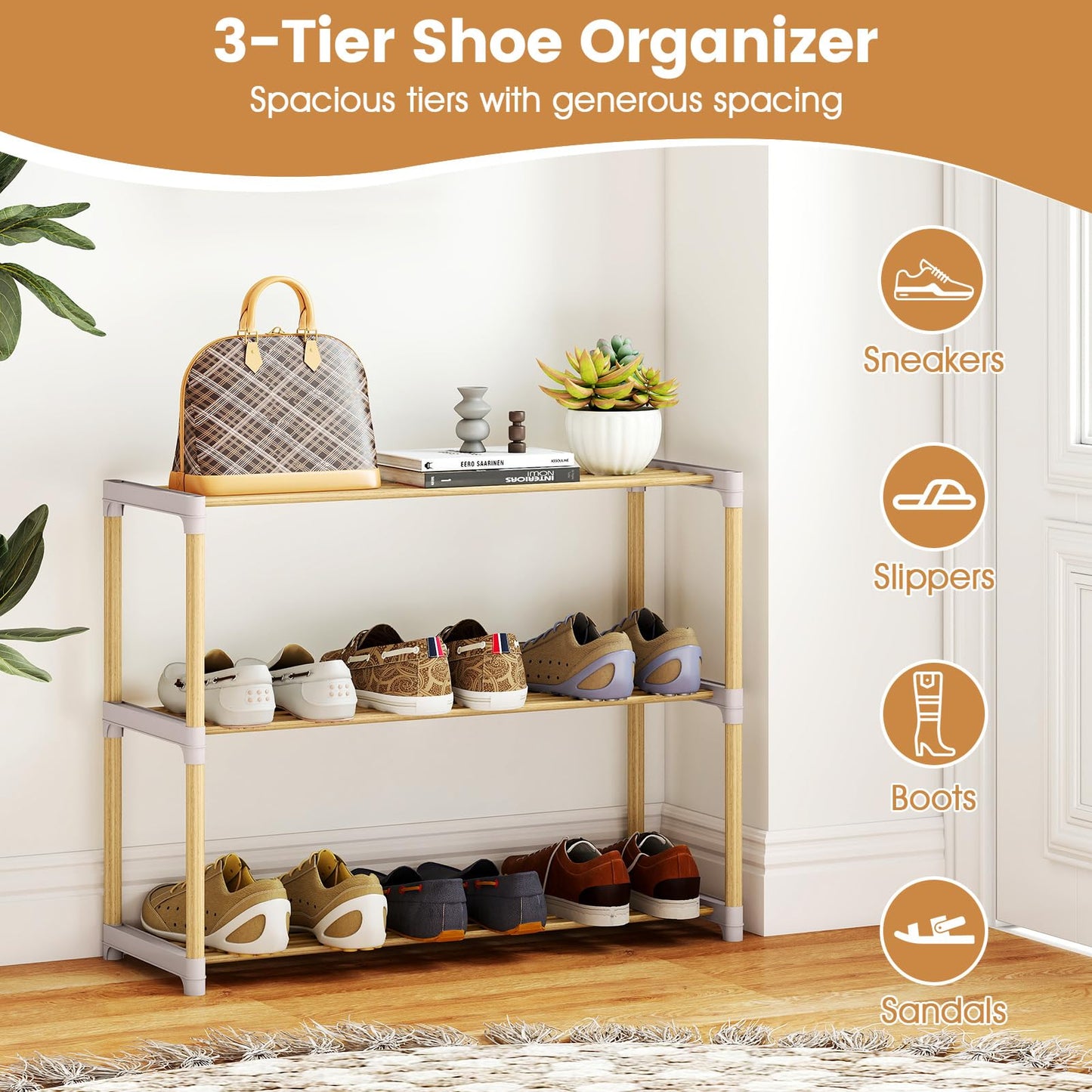 Tangkula 3 Tier Solid Wood Shoe Rack | Wooden Space-Saving Storage Organizer for Entryway