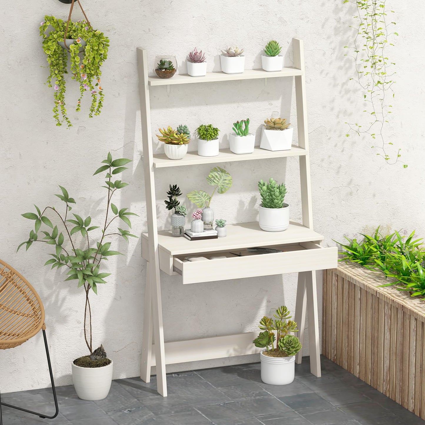 Tangkula Ladder Desk with Countertop & Drawer, Freestanding 2-Tier Ladder Shelf Desk