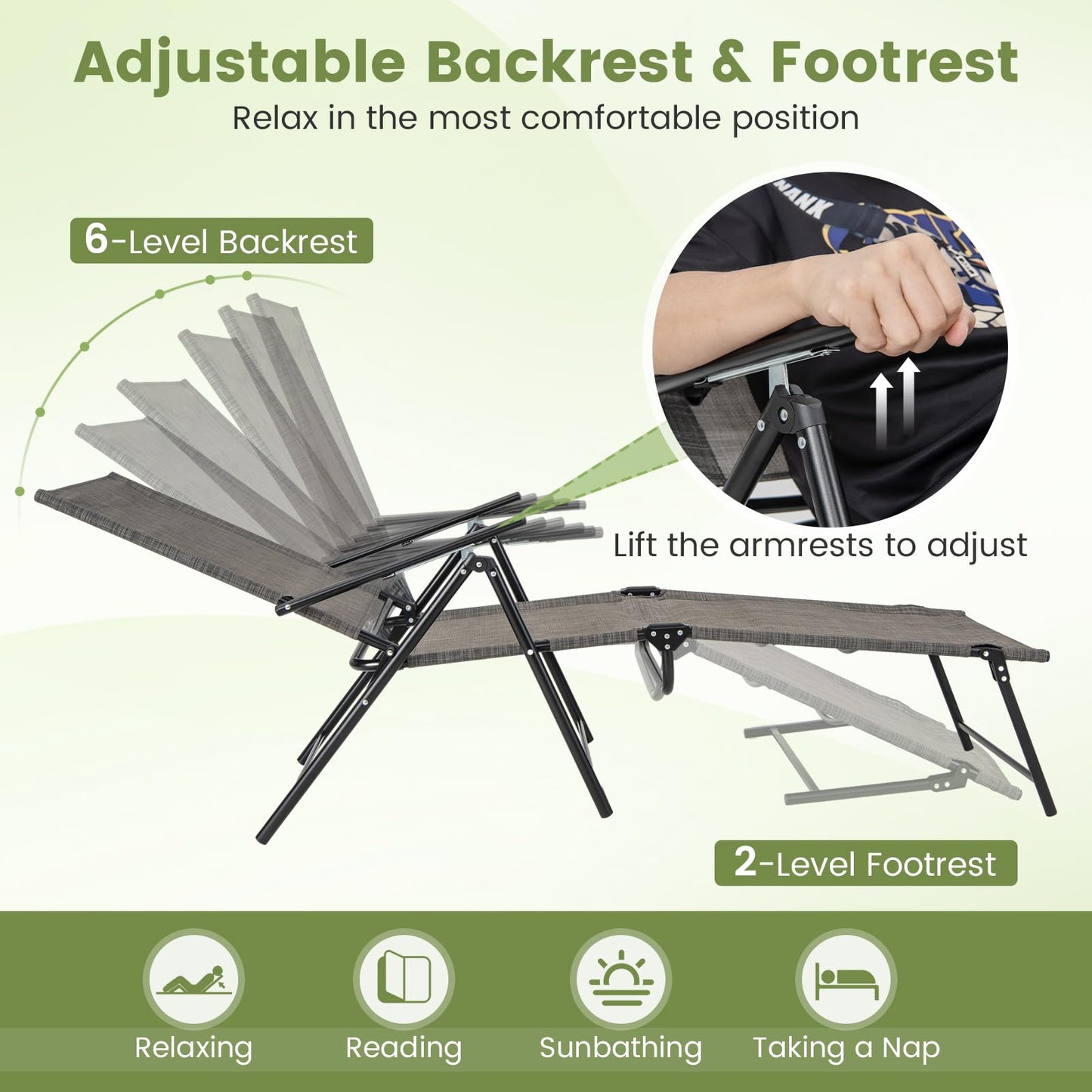 Tangkula Outdoor Lounge Chairs Set of 1/2, Patio Folding Chaise Recliner with 6-Level Backrest