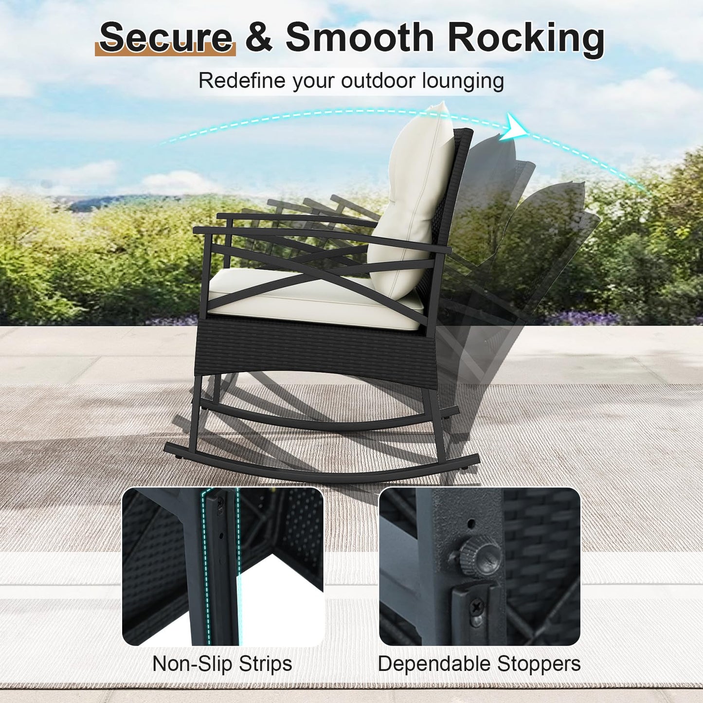 3 Pieces Rattan Outdoor Rocking Chairs Set with 2-Tier Tempered Glass Coffee Table