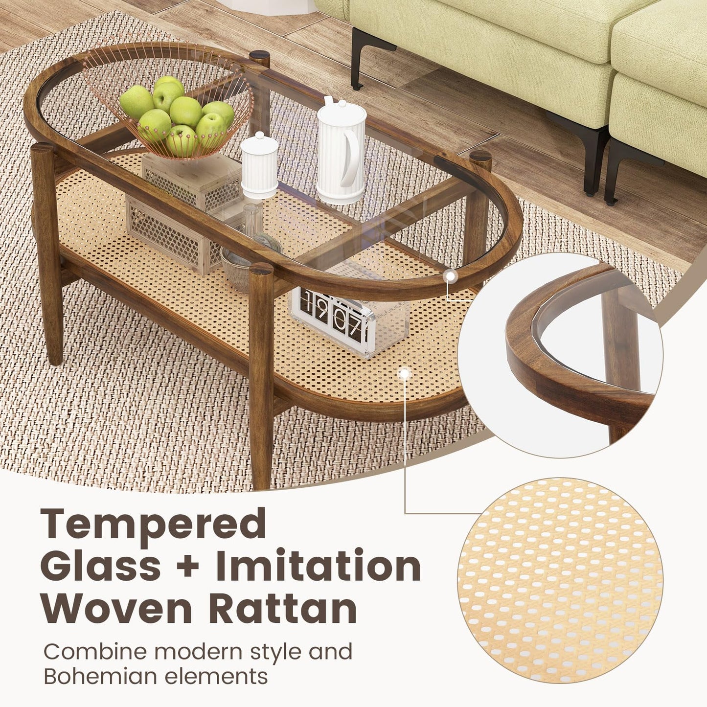 40”L Boho Oval Acacia Wood Cocktail Table - Tangkula