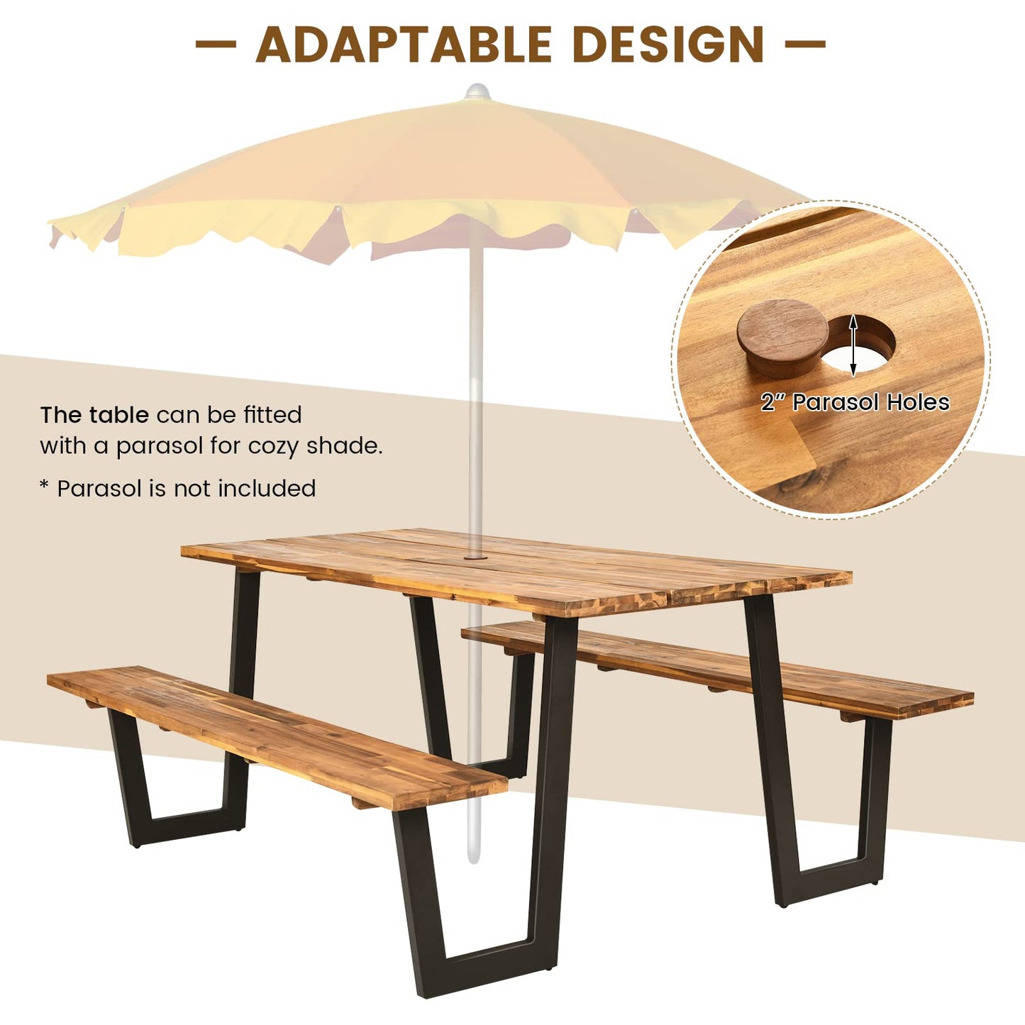 Tangkula Wooden Picnic Table with 2 Built-in Benches