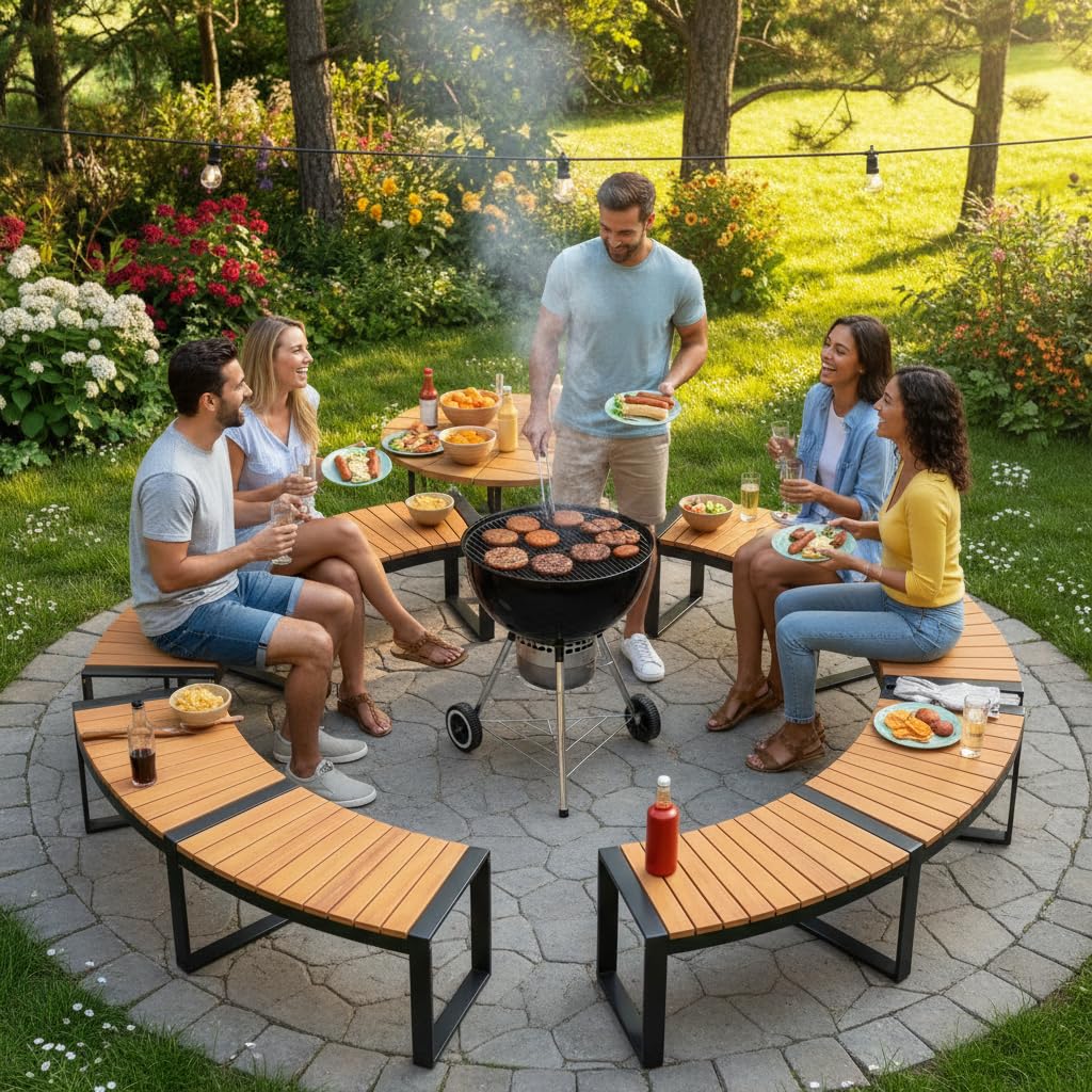 Banc de terrasse incurvé Tangkula en bois d'acacia avec assise à lattes et pieds en métal