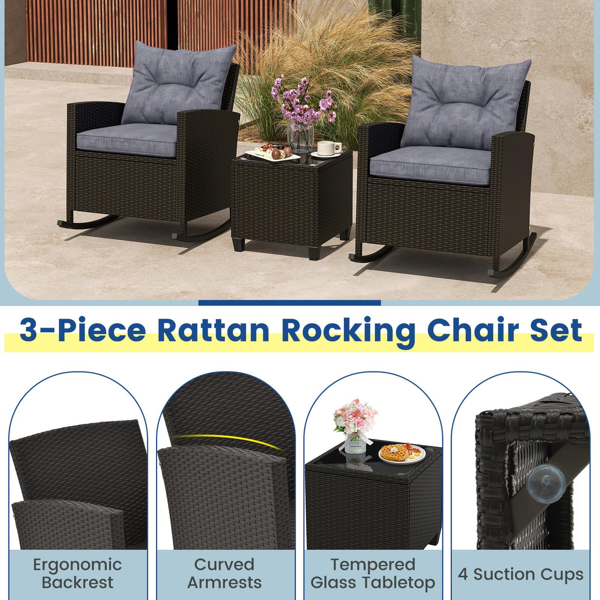 Tangkula 3 Piece Wicker Outdoor Rocking Chairs Set for Porch Garden Patio Backyard Poolside