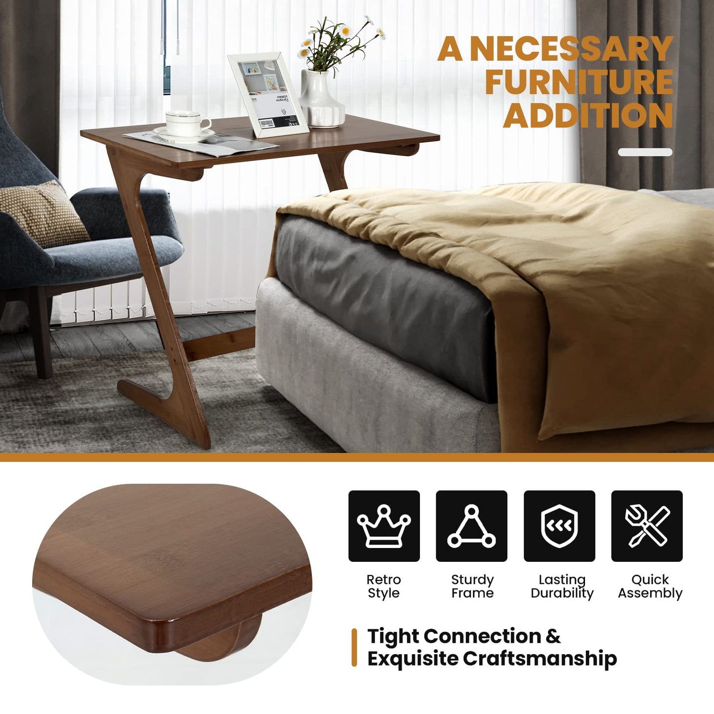 Bamboo TV Tray Sofa Side Table, Z-Shaped Couch Table with 29.5'' x 16'' Tabletop