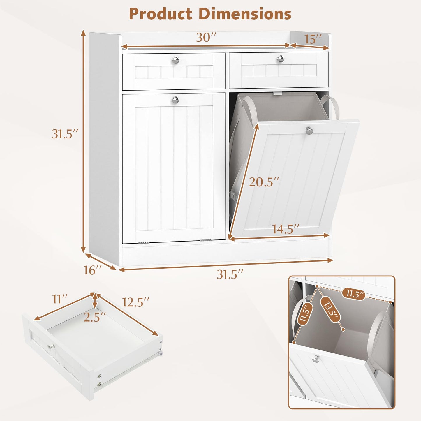 Tangkula Meuble de rangement double à bascule pour panier à linge, 80 cm de haut, pour salle de bain
