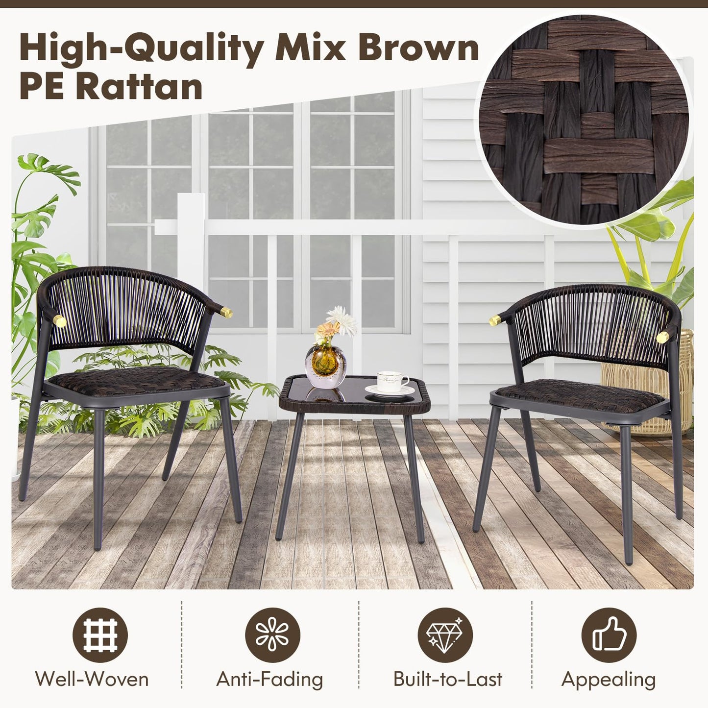 Tangkula 3 Piece Patio Rattan Furniture Set, Patiojoy Quick Dry Foam Padded Chairs w/Tempered Glass Tabletop