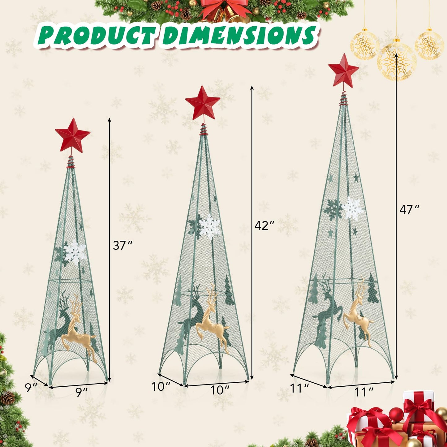 Tangkula 3 Sizes Tower Shaped Christmas Tree Decorations, Metal Xmas Decorative Trees with Reindeers