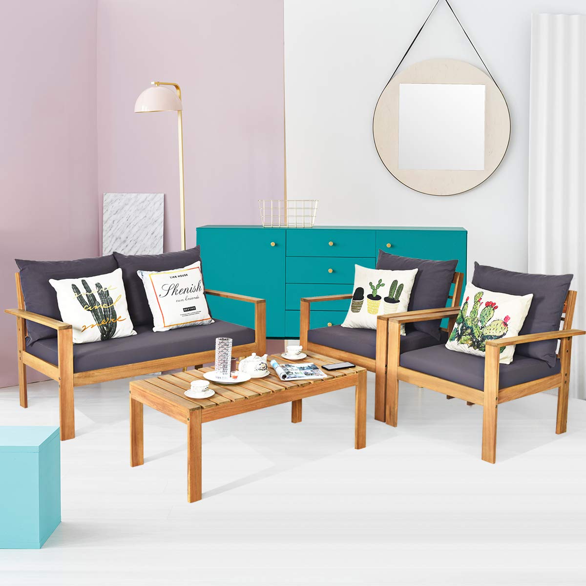 Tangkula Outdoor Conversation Sofa and Table Set with Water Resistant Cushions