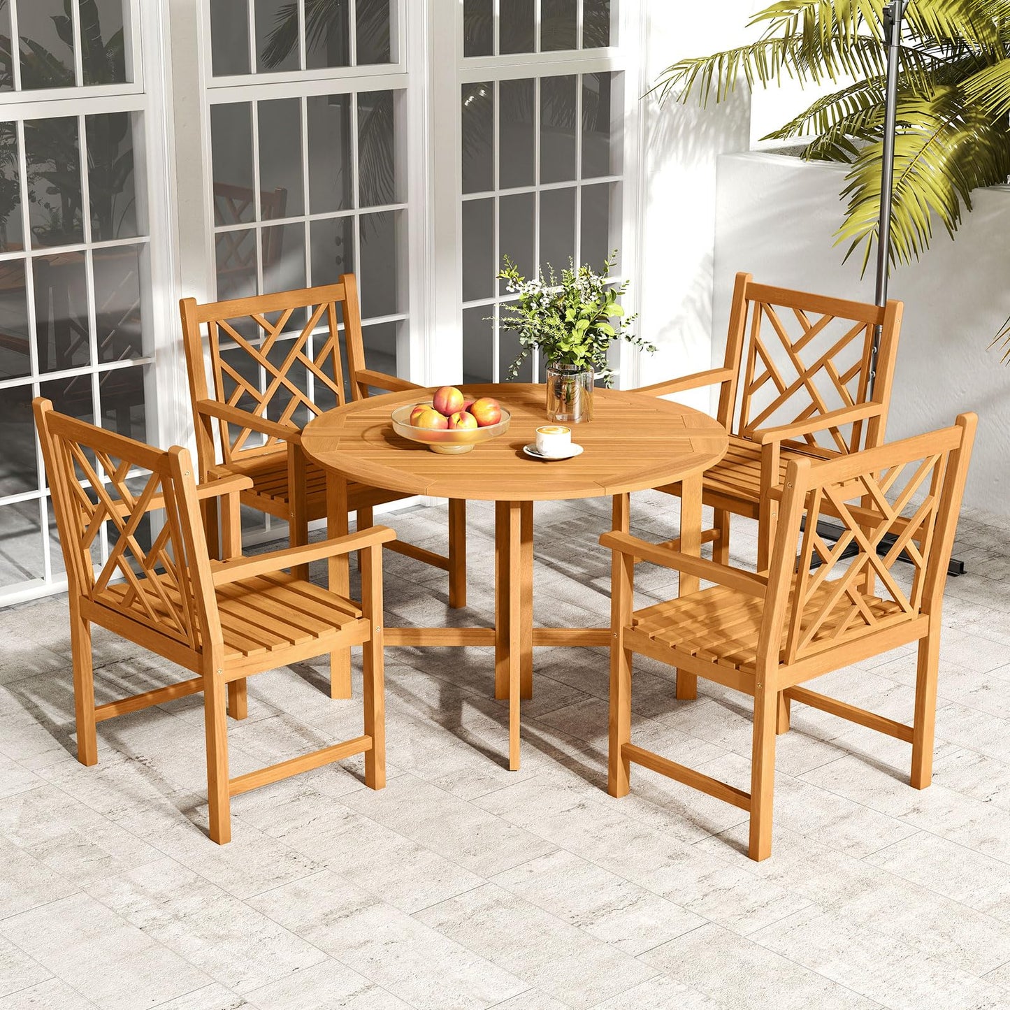Tangkula Set of 2/4 Outdoor Dining Chairs Acacia Wood with Cross-Pattern Backrest