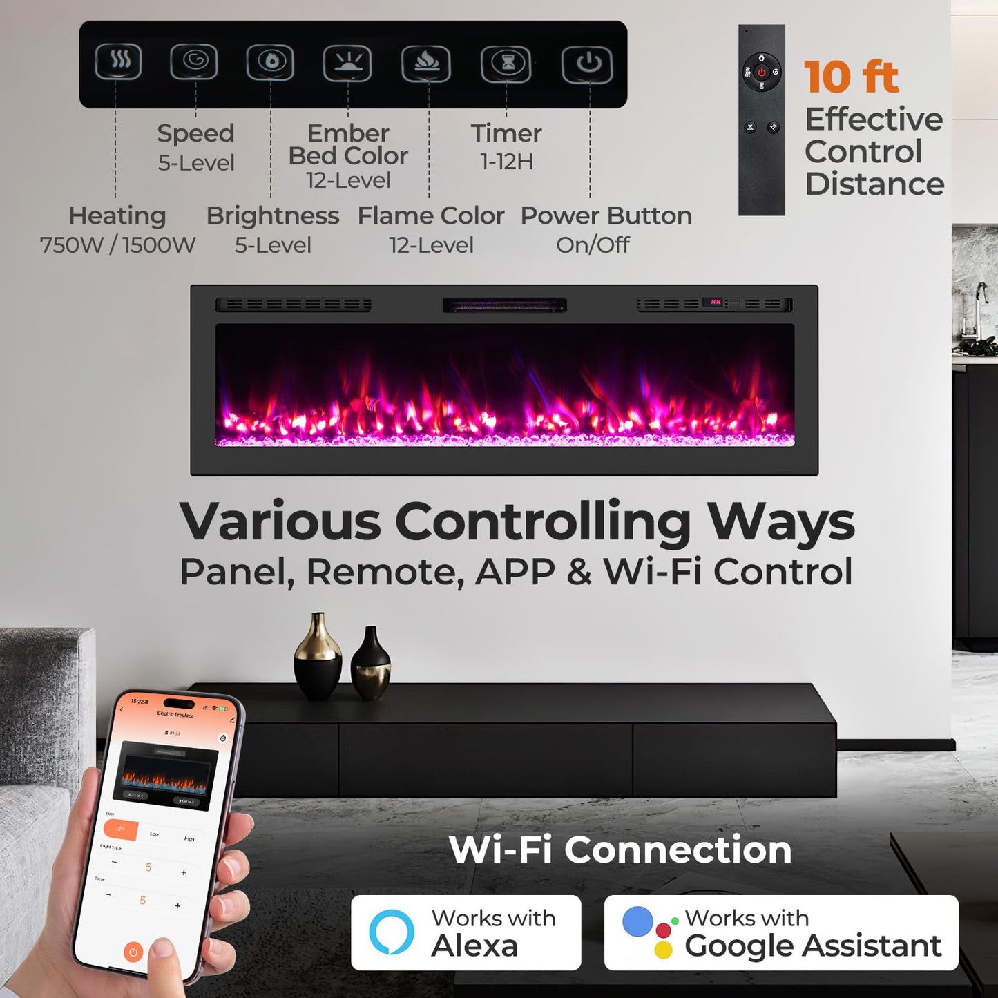 Tangkula 60" Wi-Fi Enabled Electric Fireplace
