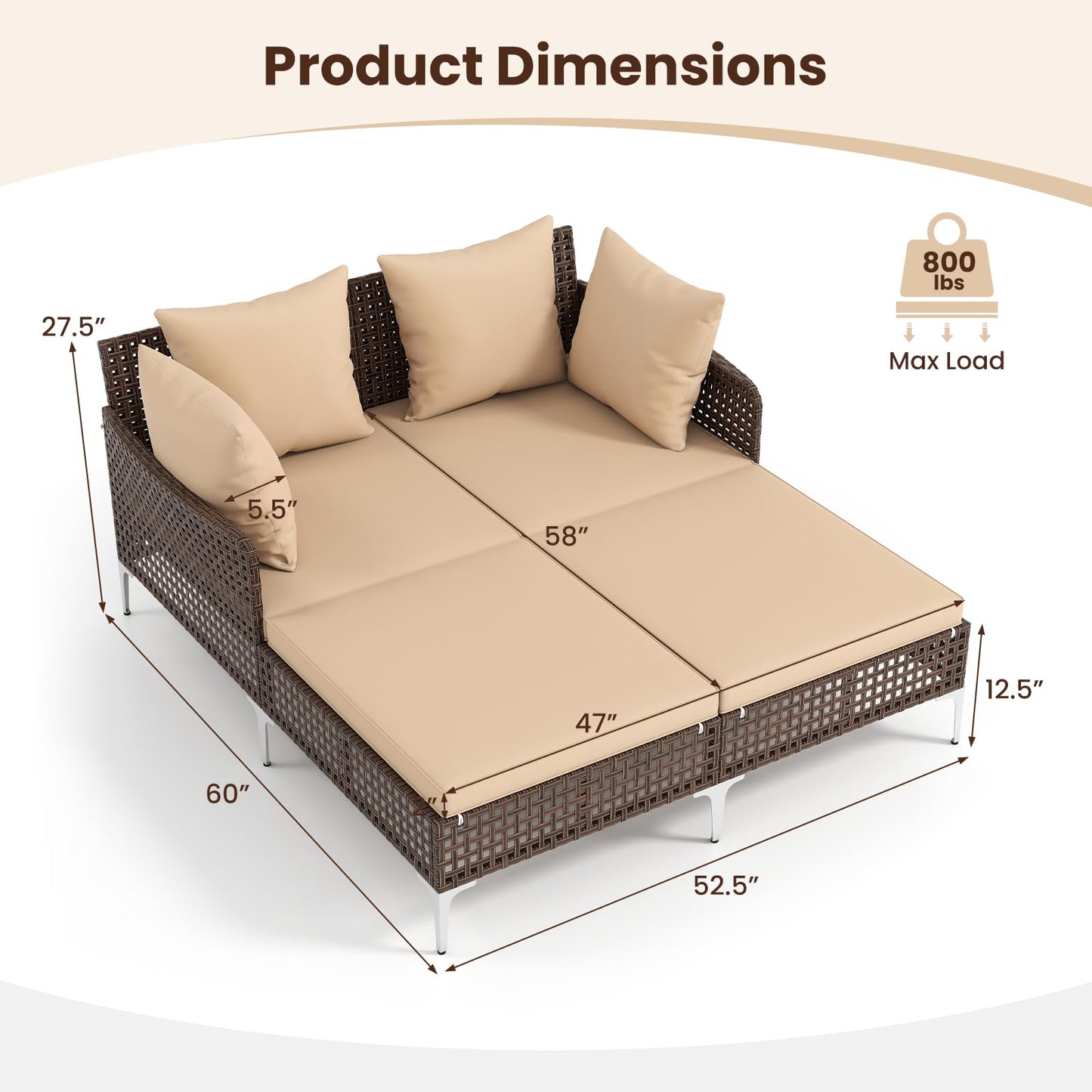 Tangkula Wicker Chaise Lounge for 2 with Seat & Back Cushions
