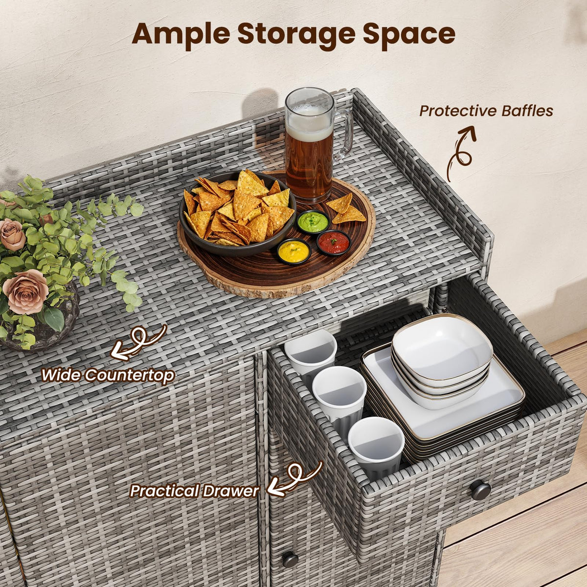 Tangkula Rattan Outdoor Storage Cabinet with 2 Adjustable Shelves