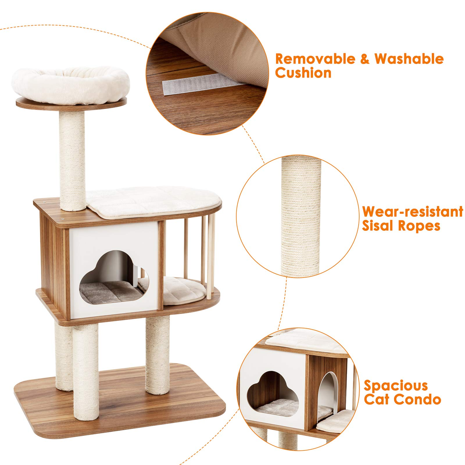 Modern Wood Cat Tree, 46 Inches Cat Tower with Platform - Tangkula