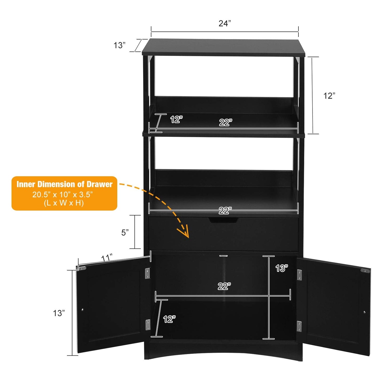 Bathroom Floor Cabinet with Drawer, 2 Open Shelves and Door Cupboard