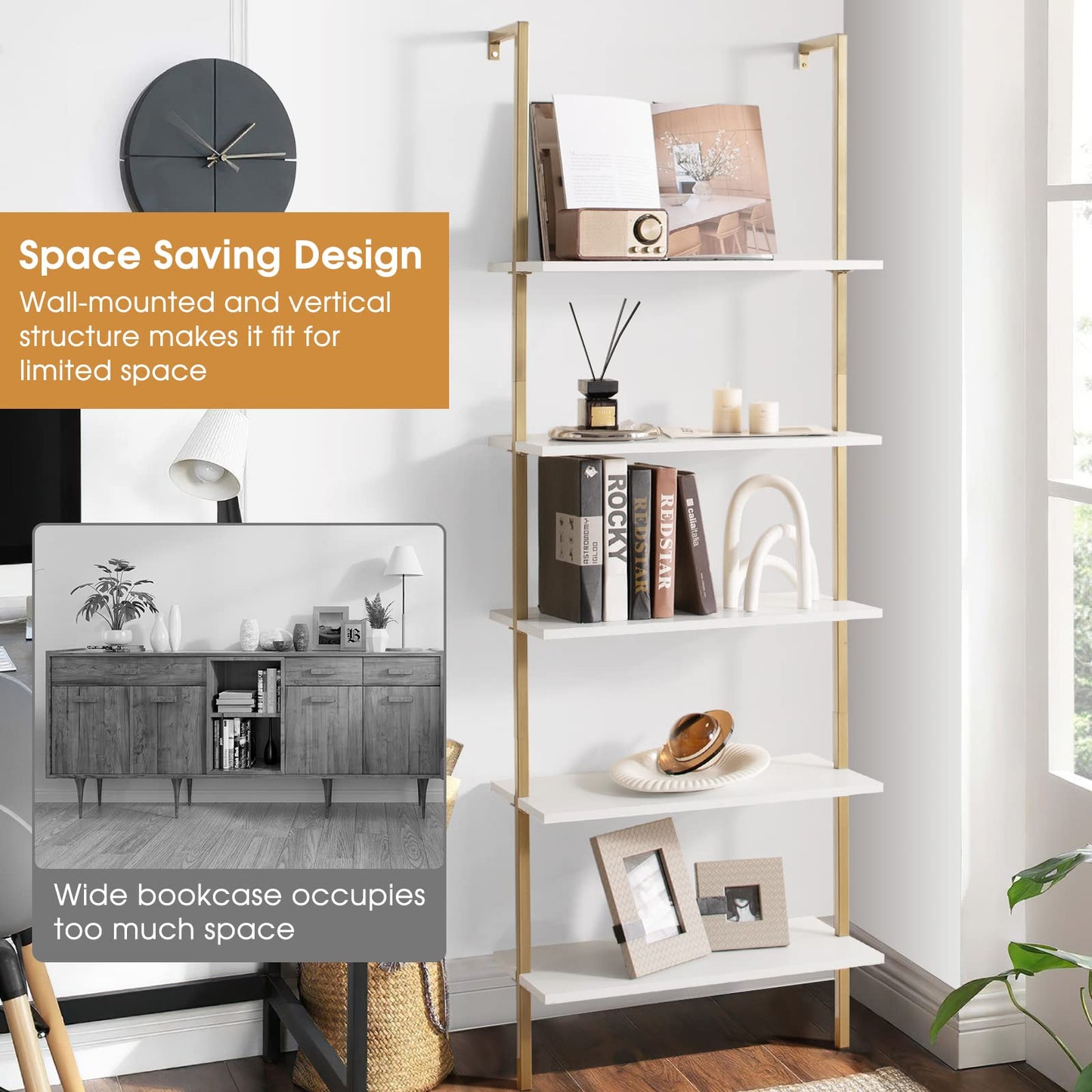 Tangkula 5-Tier Bookshelf Modern Wall Mounted Ladder Shelf