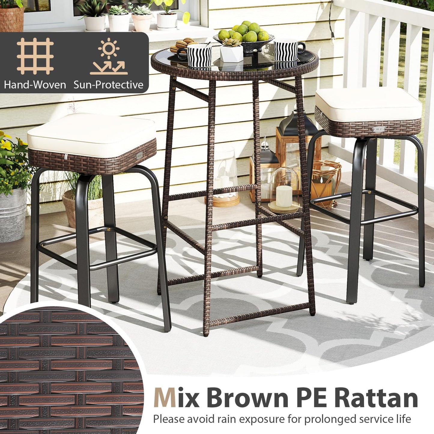 Tangkula 3 Pieces Outdoor Swivel Bar Set with 2 Cushioned Stools