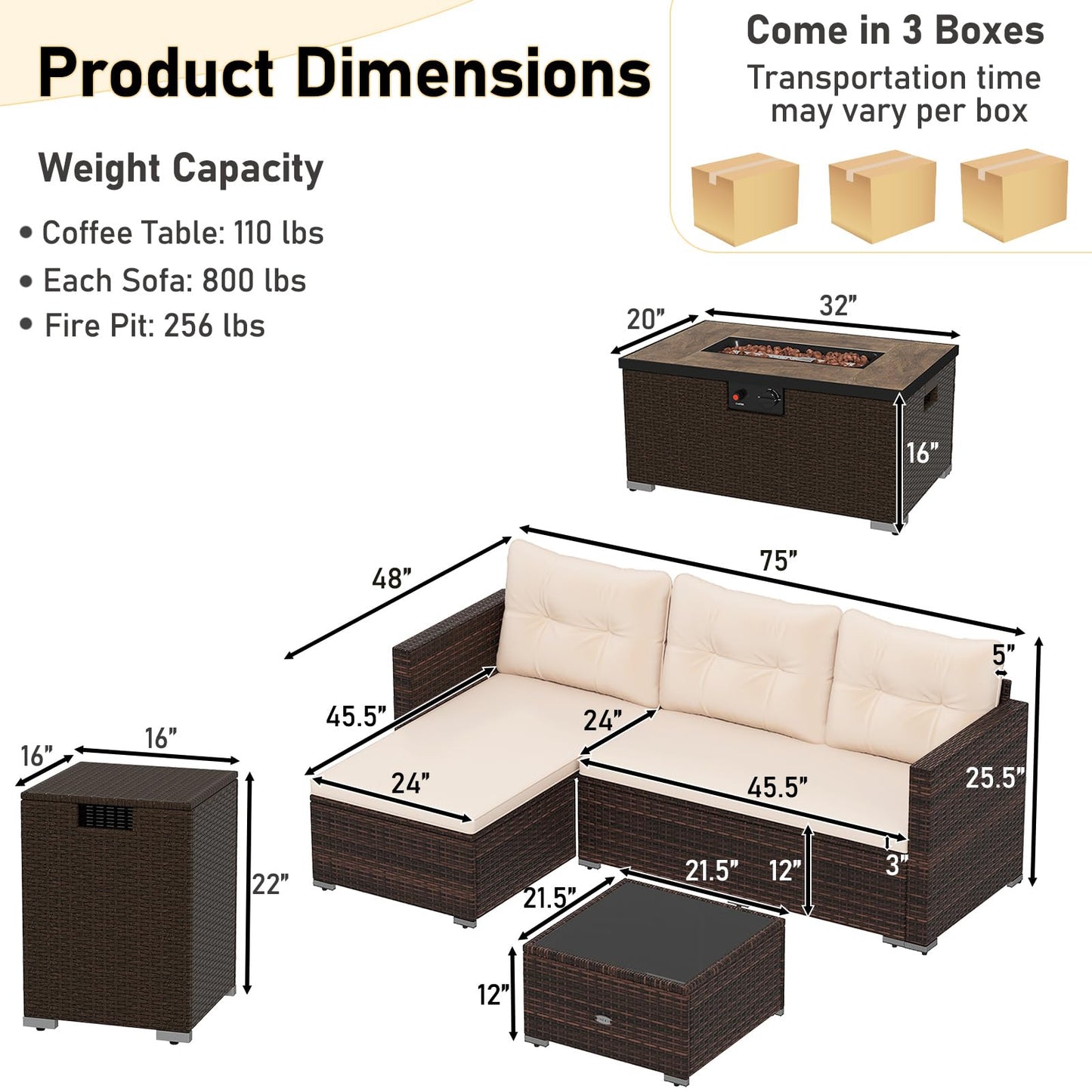 Tangkula 4 Pieces Patio Furniture Set with 32” Fire Pit Table and Propane Tank Cover