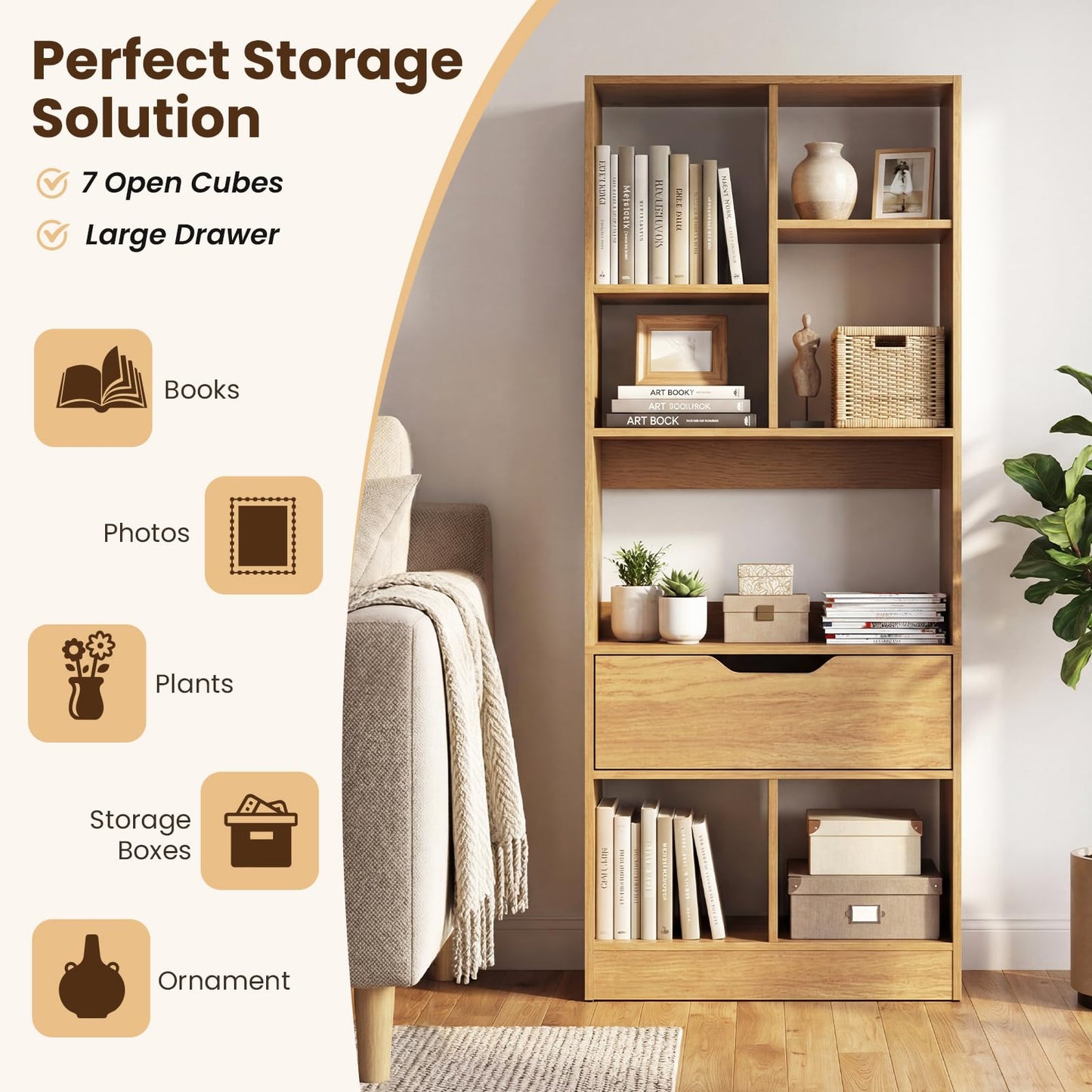 Tangkula 51” Tall Open Bookcase with Drawer 7-Cube Display Storage Cabinet(1/2)