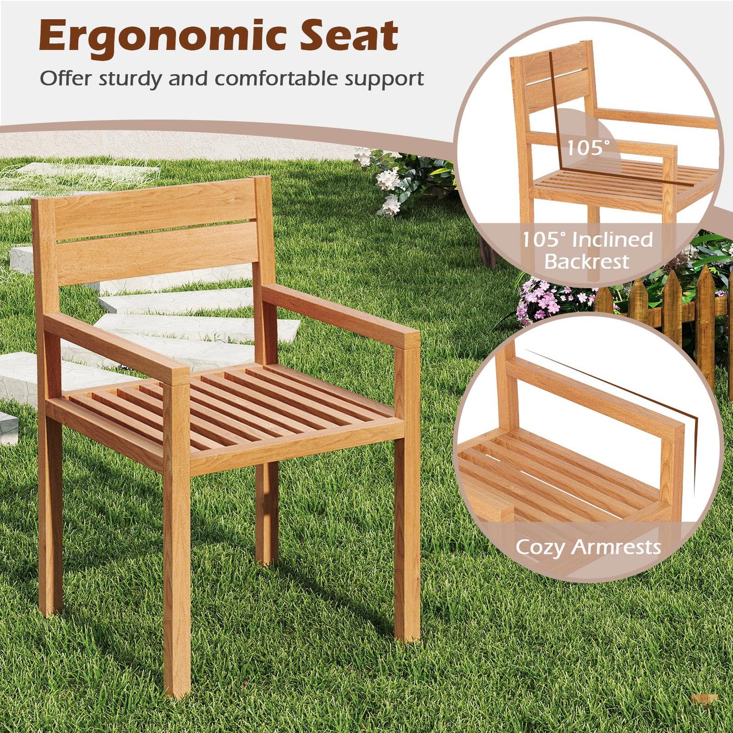 Tangkula Outdoor Teak Wood Chair Patio Dining Armchair w/Slatted Seat & Backrest