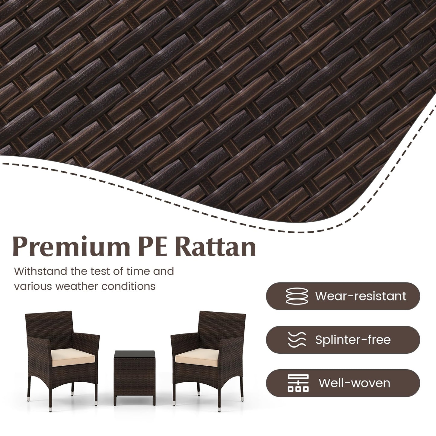 Tangkula 3 Pieces Patio Rattan Furniture Set, Outdoor Conversation Set with PE Wicker Armchairs