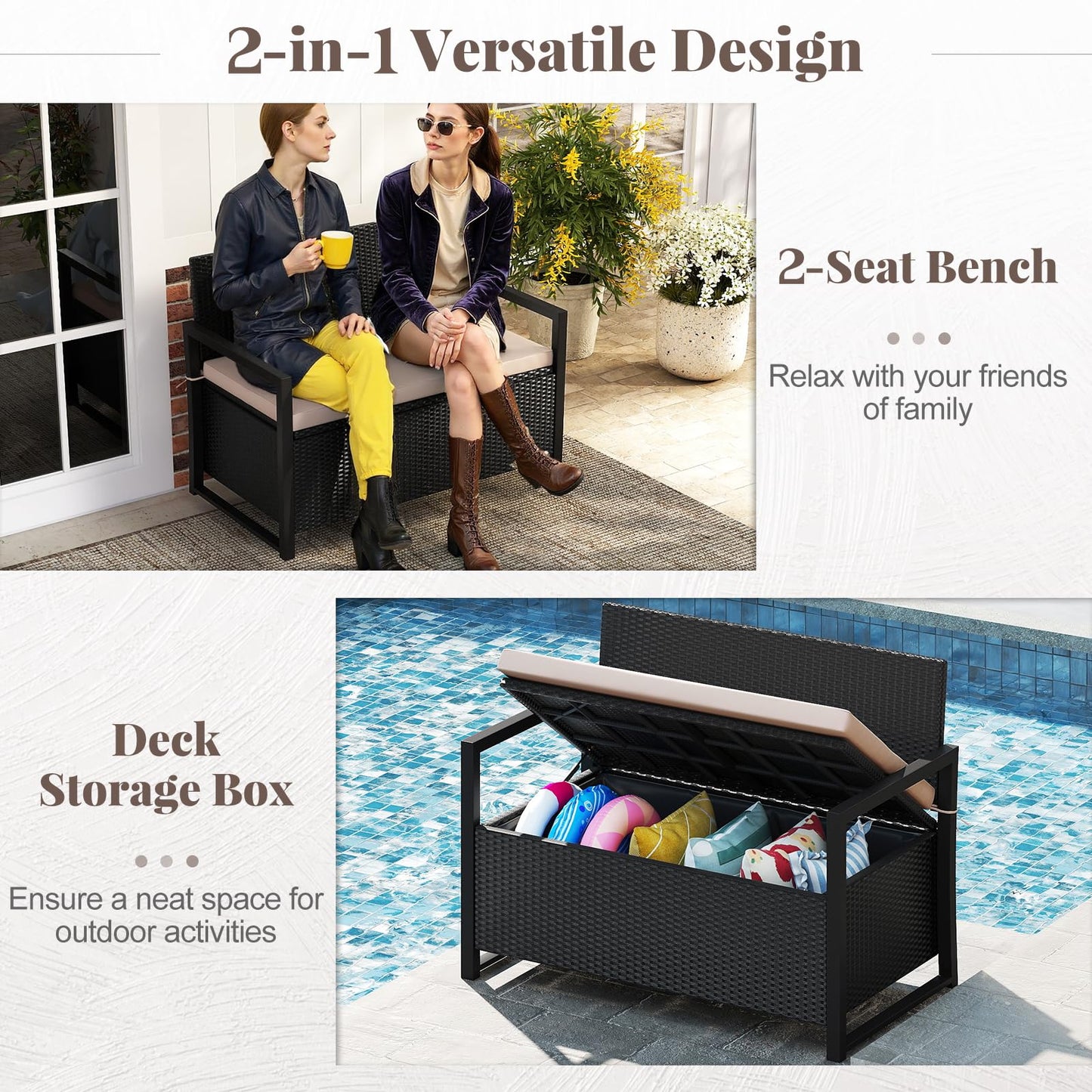 Tangkula 40 Gallon Patio Wicker Storage Bench with Cushion for Backyard