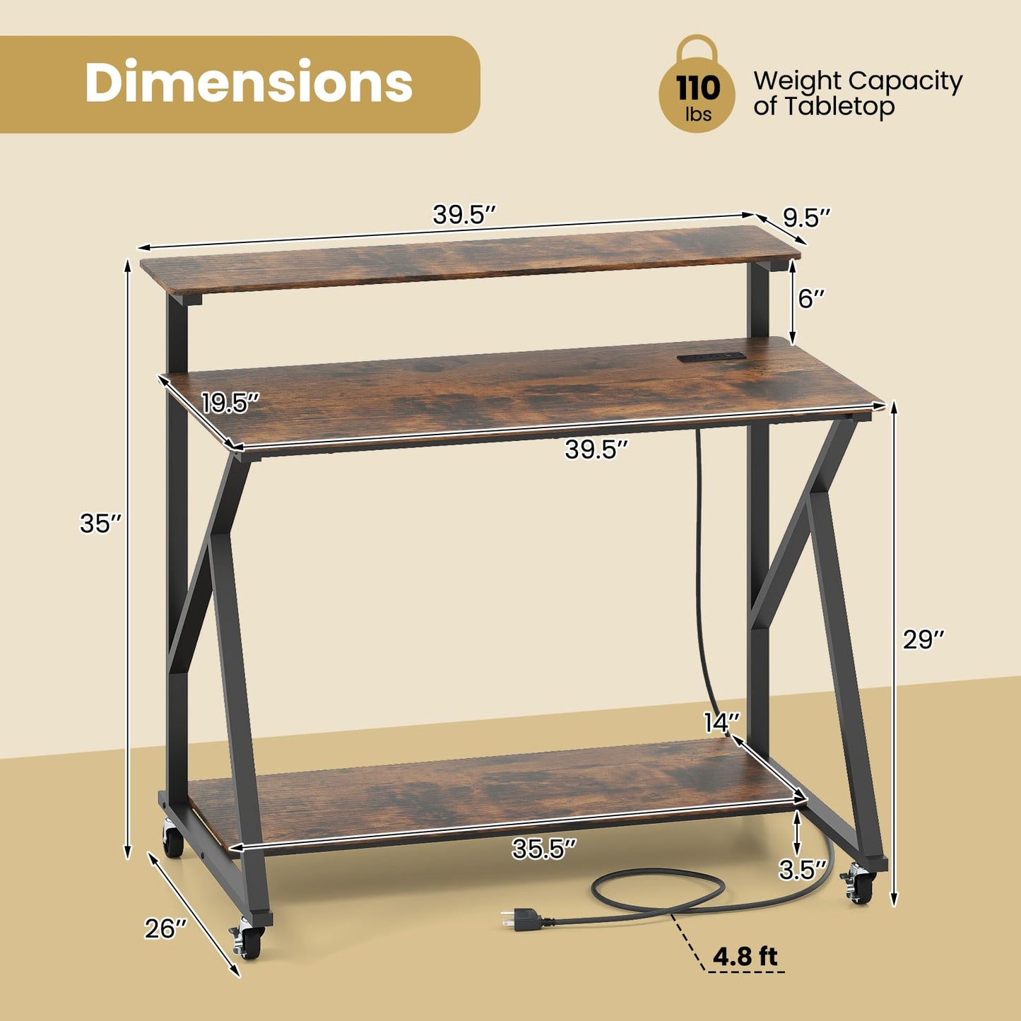 Tangkula Bureau Informatique Mobile de 99 cm avec Prises de Courant, Support Moniteur et Étagère de Rangement