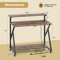 Tangkula Bureau Informatique Mobile de 99 cm avec Prises de Courant, Support Moniteur et Étagère de Rangement