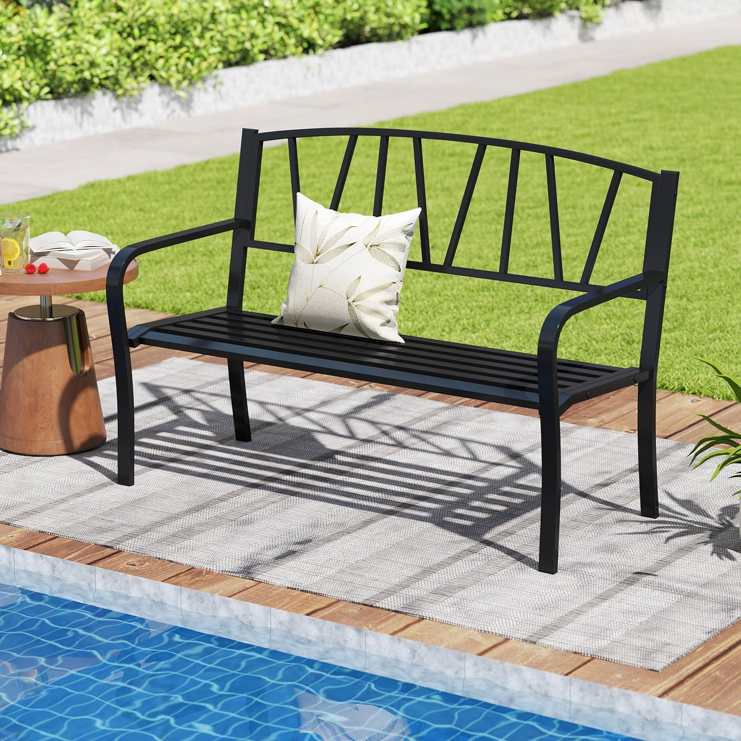 Tangkula Metal Patio Park Bench with Curved Armrests