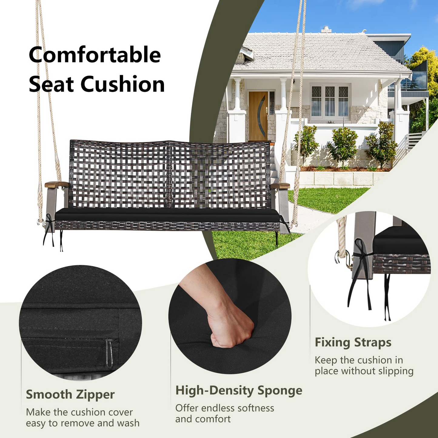 Tangkula 2 Person PE Wicker Porch Swing Bench, 800 LBS Weight Capacity