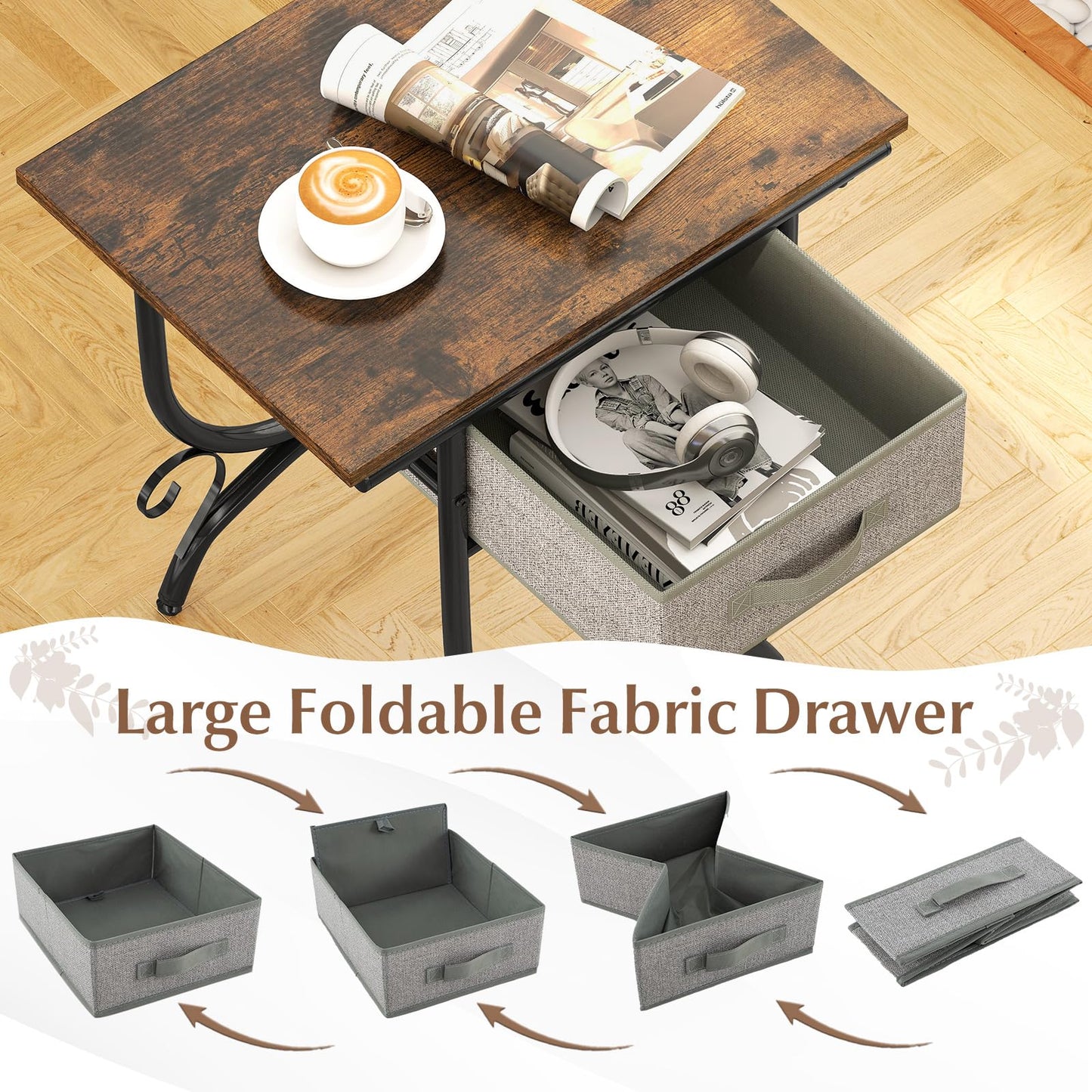 Tangkula Nightstand with Fabric Drawer for Bedroom Living Room Small Space